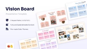 Overview of Vision Board slides showing various color themes and aspect ratio options for PowerPoint.