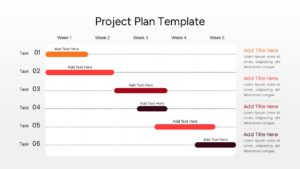 Horizontal five-week project schedule chart with color-coded task bars and progress tracking indicators.
