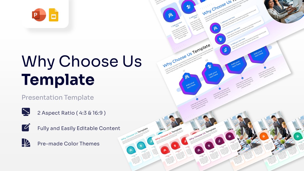 Why Choose Us presentation template overview featuring multiple slide layouts with icons and business imagery.