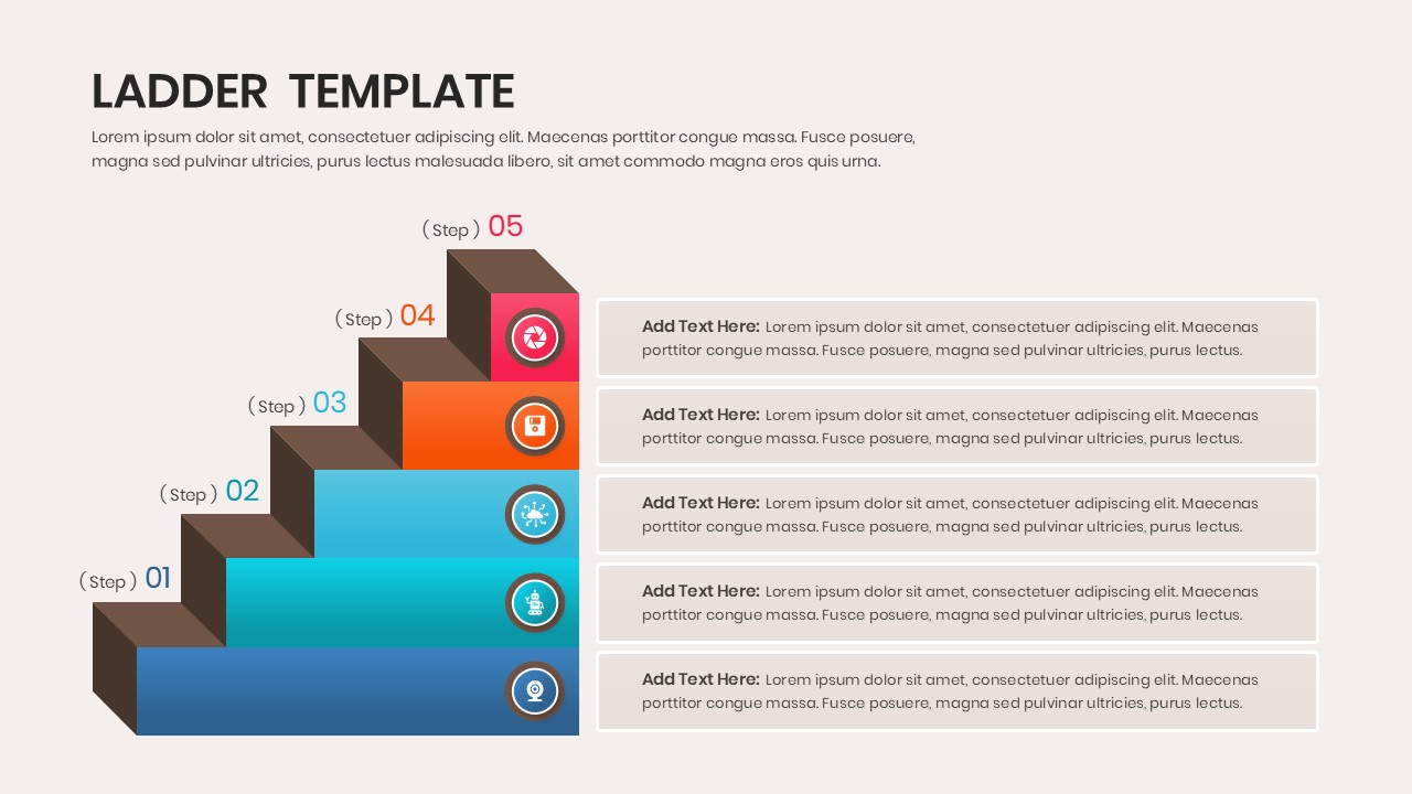 Five-step 3D isometric staircase with vibrant colors and numbered text labels.
