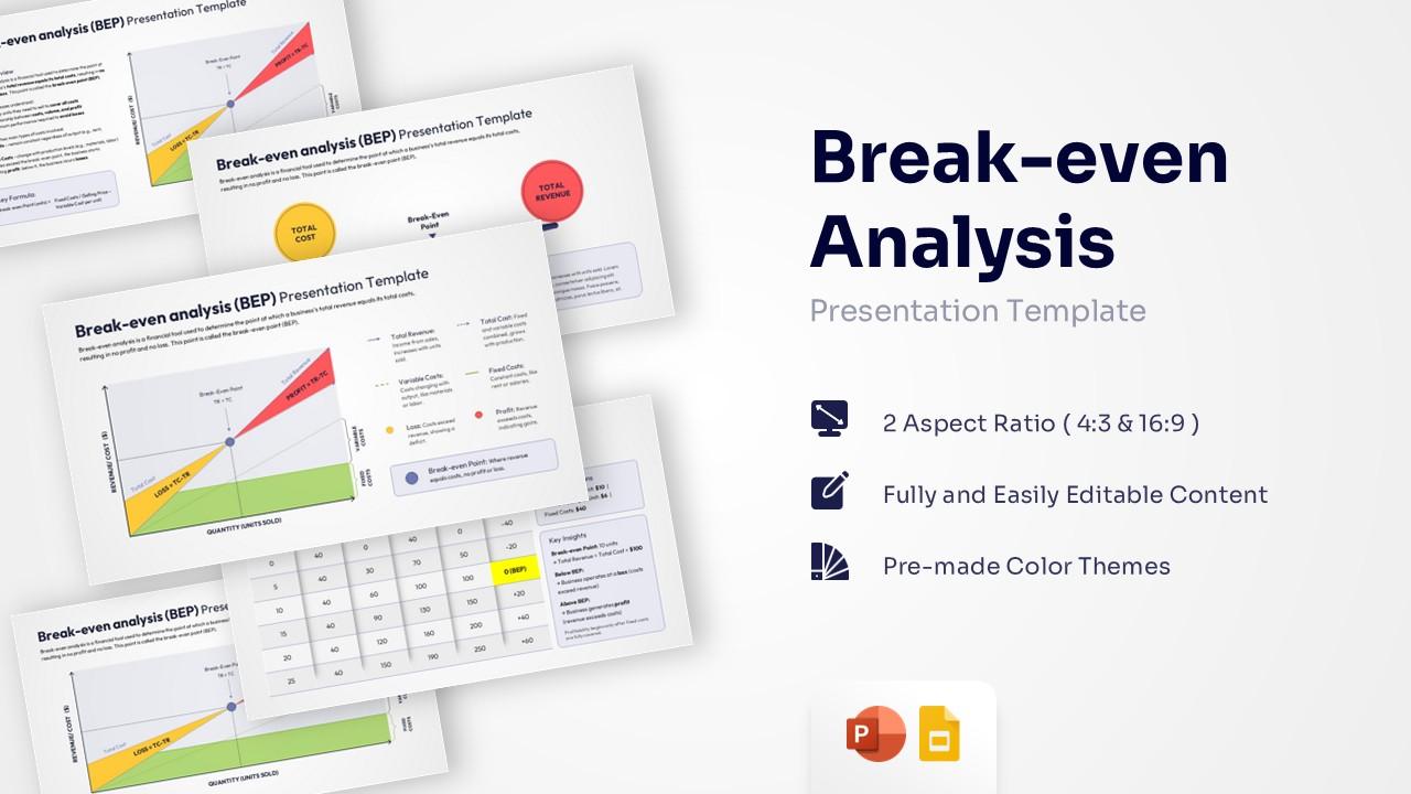 A collection of break-even analysis slides featuring charts, tables, and balance scales for business.