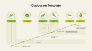 A green-themed cladogram mapping traits like cells with a nucleus and hair/fur.