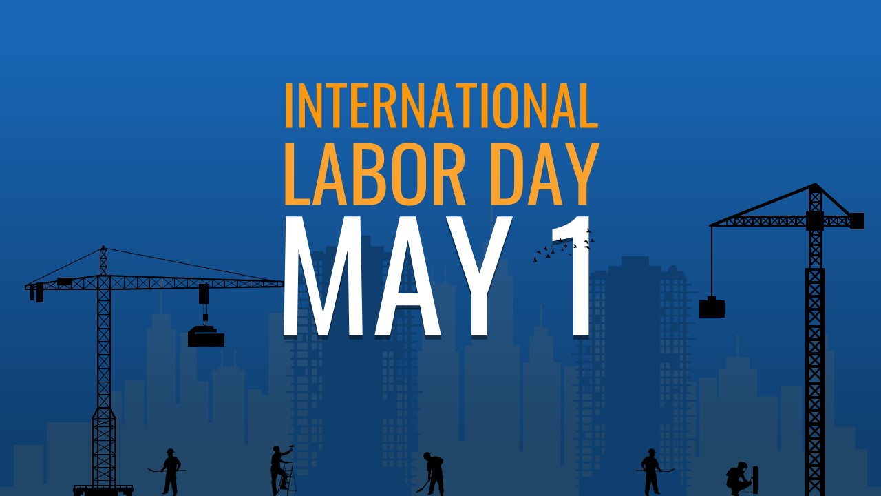 A blue background with silhouettes of cranes and workers at a construction site for International Labor Day.