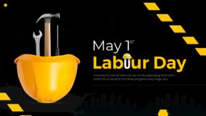 A yellow hard hat with a hammer, wrench, and screwdriver inside on a dark city silhouette background.