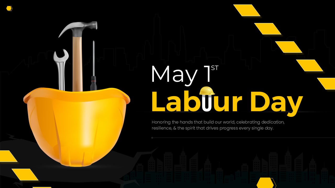 A yellow hard hat with a hammer, wrench, and screwdriver inside on a dark city silhouette background.