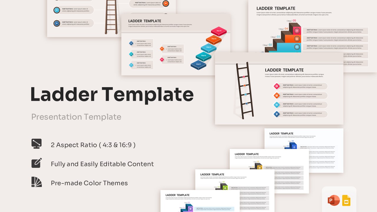 Overview of various ladder template slides including 3D steps and vertical rungs.