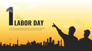 Silhouette of two workers pointing at a city skyline against a yellow and orange sunset background.