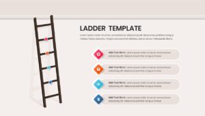 A dark wooden ladder leaning against a wall with four diamond-shaped icon markers.