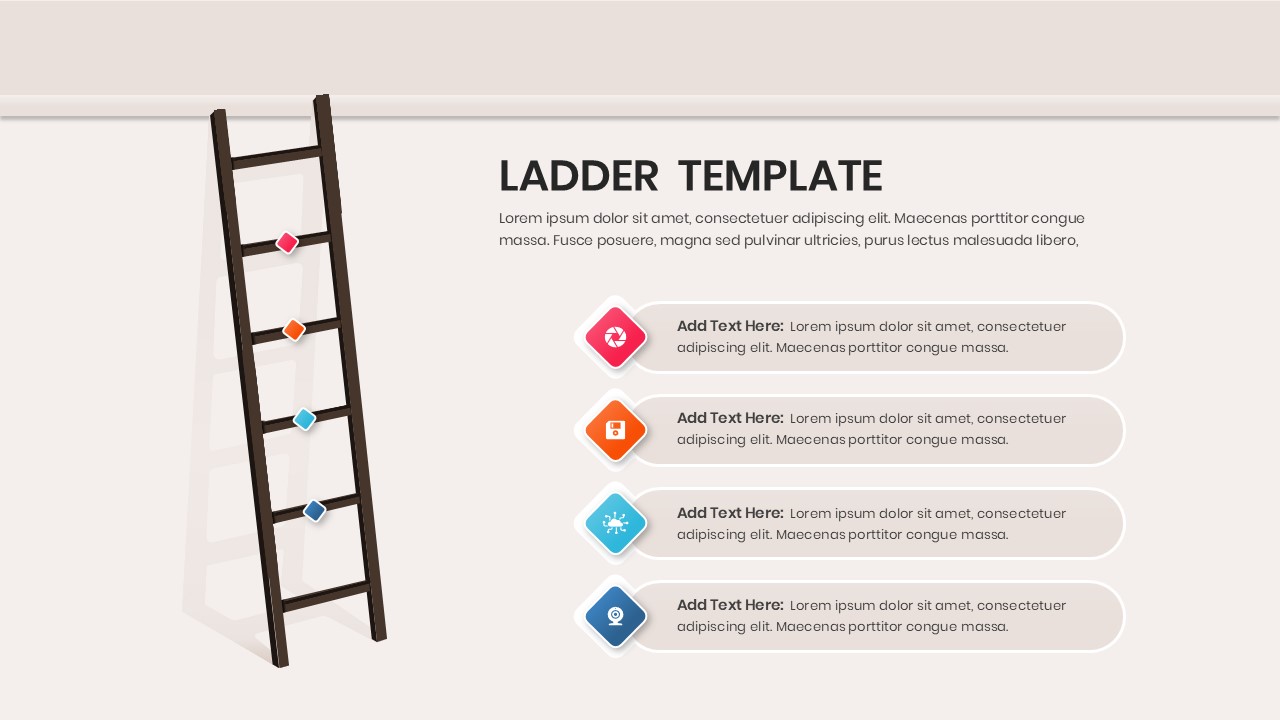 A dark wooden ladder leaning against a wall with four diamond-shaped icon markers.