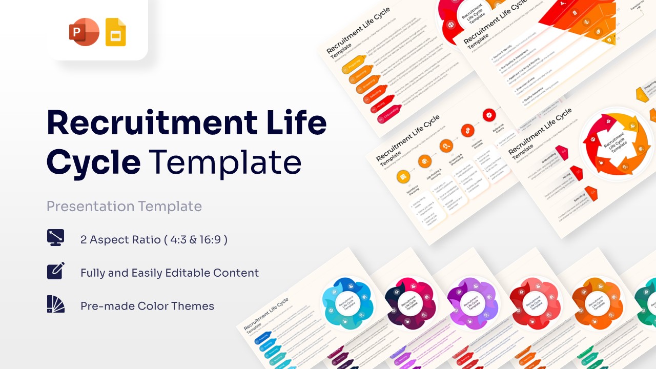 Collage of various recruitment life cycle slides in different color themes and aspect ratios.