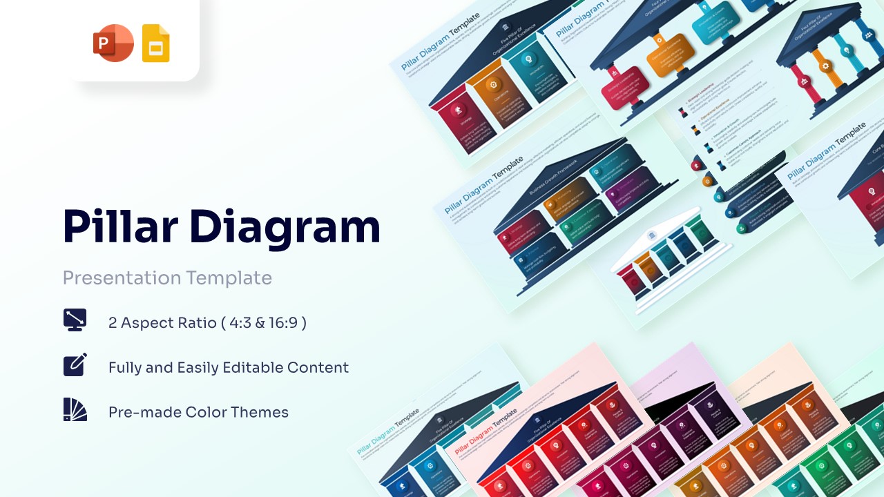 A collage showing various pillar diagram layouts in different colors and aspect ratios.