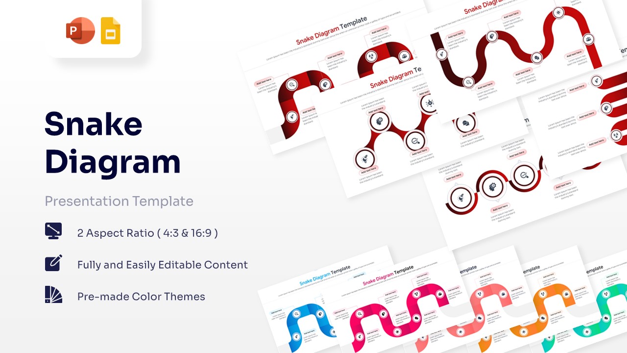 Multiple red serpentine timeline slides for PowerPoint and Google Slides showing various process steps.