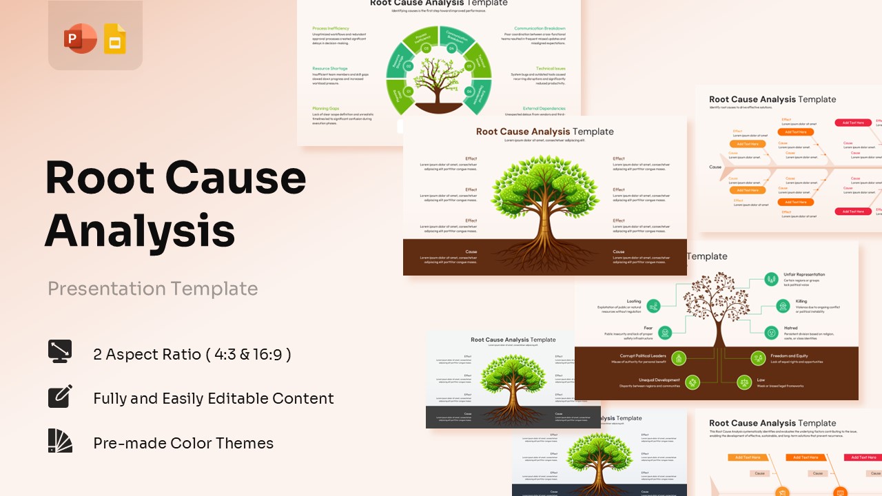 A collage of Root Cause Analysis presentation slides featuring tree diagrams, fishbone infographics, and 16:9 aspect ratio support.