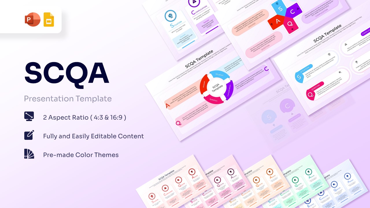 Collage of SCQA slides showing various layouts like circular flows and linear cards.