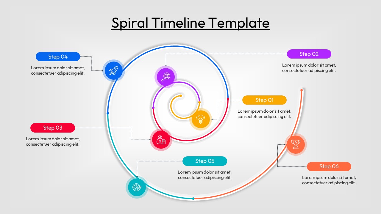 A 6-step colorful spiral timeline with icons and connecting lines for data visualization.