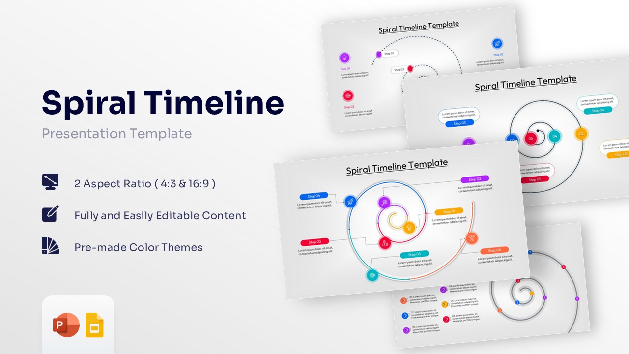 A collection of spiral timeline slides with various step-by-step process layouts.