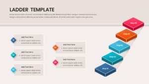 Five 3D floating steps with shadow effects and corresponding text description boxes.