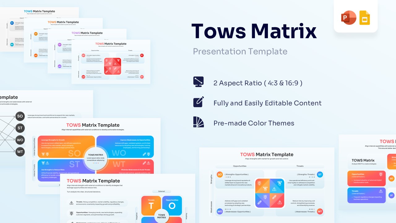 A four-quadrant TOWS Matrix layout with SO ST WO and WT strategy labels and icons.