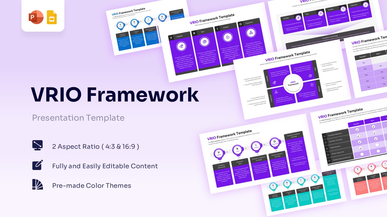 VRIO framework cover slide with purple theme and multiple slide previews.